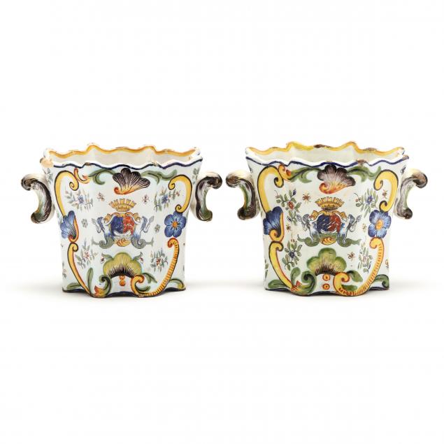 Appraisal: PAIR OF ANTIQUE CONTINENTAL FAIENCE CACHE POTS Likely France circa