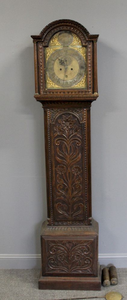 Appraisal: Antique English Tallcase Clock In Highly Carved Case From a