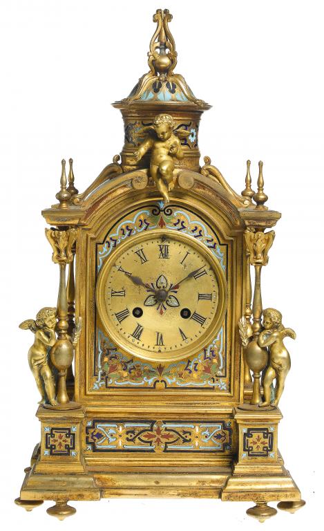 Appraisal: A FRENCH GILT BRONZE AND CHAMPLEVE ENAMEL CLOCK the gilt