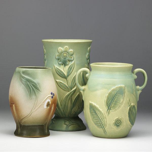 Appraisal: WELLER Tutone vase two green Manhattan vases and Hairlines and