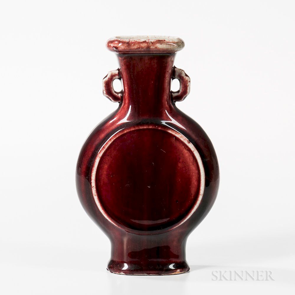 Appraisal: Flambe-glazed Flask Vase Flambe-glazed Flask Vase China with flanged banded