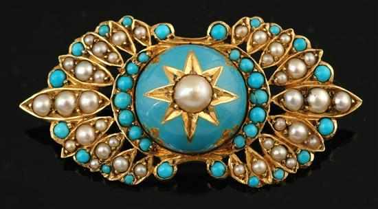 Appraisal: An Antique enamel turquoise and seed pearl brooch The central