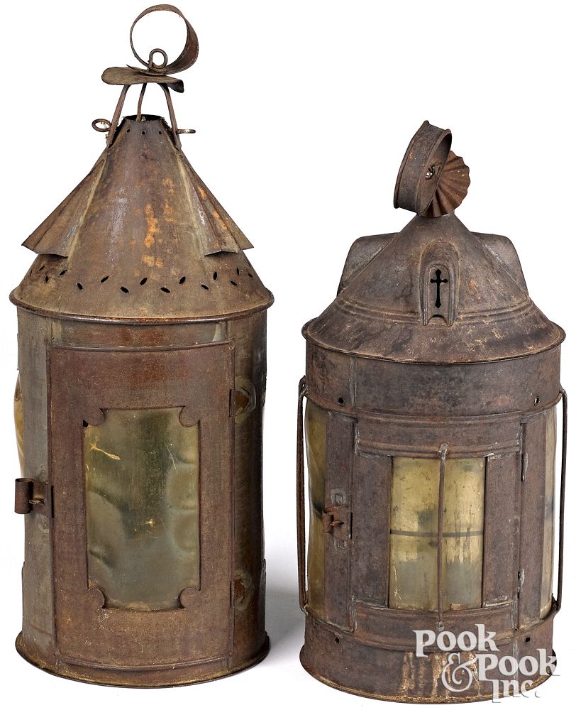 Appraisal: Two tin lanterns th c with mica shades h Two