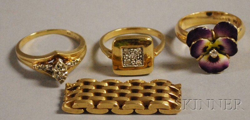 Appraisal: Four Gold Rings a kt gold enamel and diamond pansy