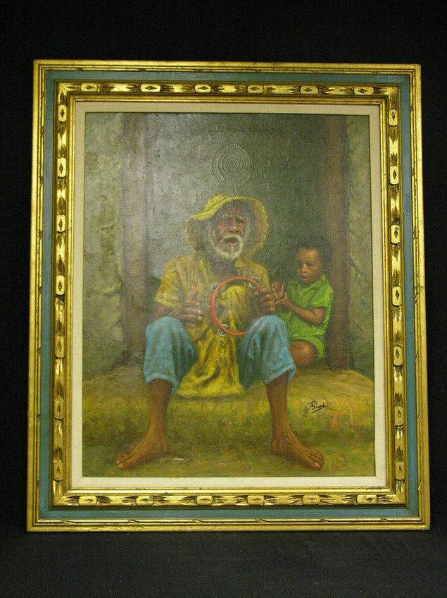 Appraisal: PAINTING BLACK TAMBOURINE MAN WITH CHILD Artist P Grins Medium