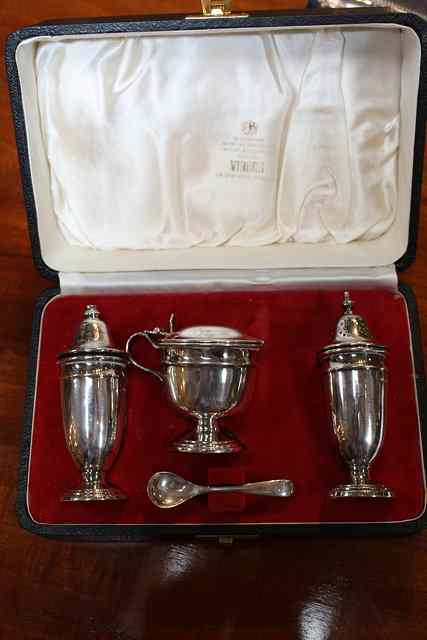 Appraisal: A CASED THREE PIECE SILVER CRUET SET mustard pot standing