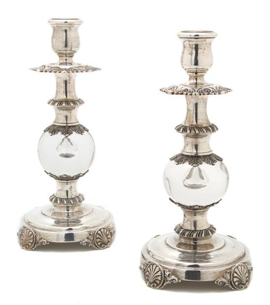 Appraisal: Pair of Sterling Silver and Crystal Candlesticks Stirling Castle of