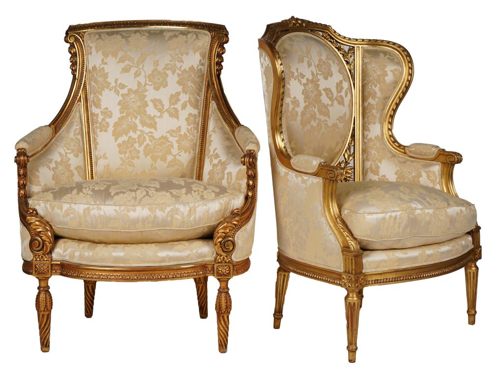 Appraisal: LOUIS XVI STYLE GILTWOOD BERGEREScontemporary each covered with damask fabric