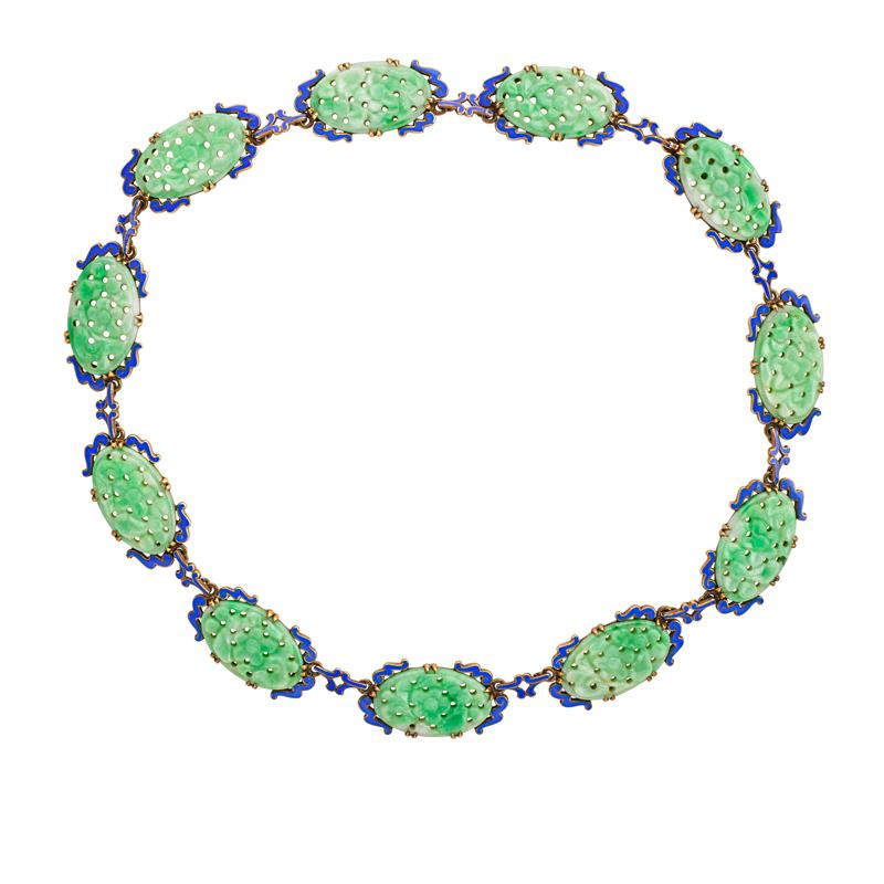 Appraisal: NATURAL A JADEITE AND ENAMELED GOLD NECKLACE Link necklace in