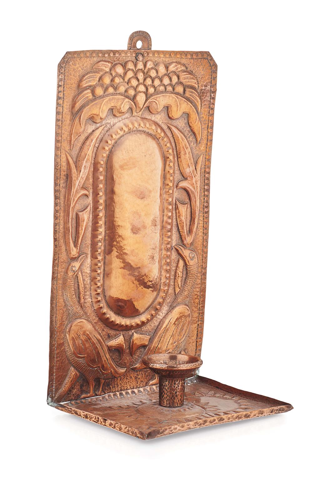 Appraisal: JOHN PEARSON FL - COPPER CANDLE SCONCE DATED repouss decorated