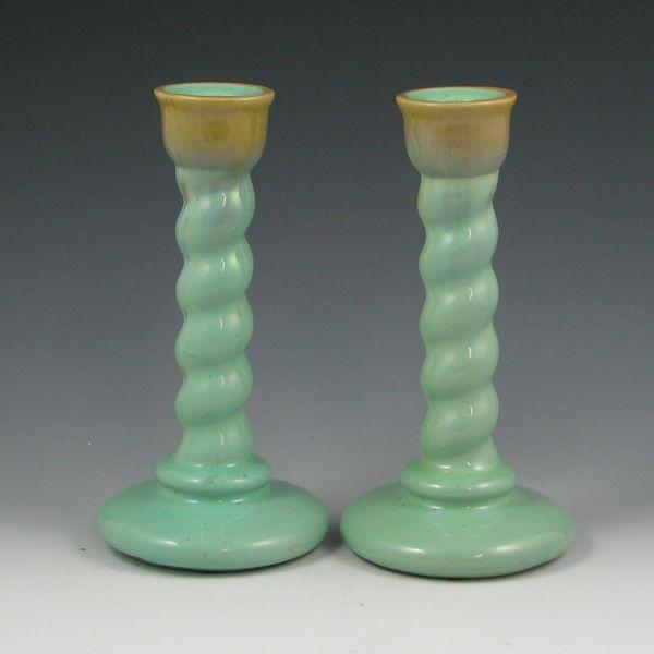 Appraisal: Pair of Fulper candleholders in light green gloss with olive