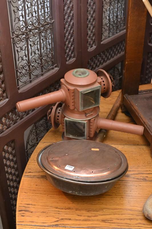 Appraisal: COPPER BED PAN AND CARRIAGE LAMPS COPPER BED PAN AND