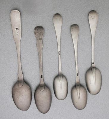 Appraisal: Five teaspoons two similar rattail example maker's mark only by