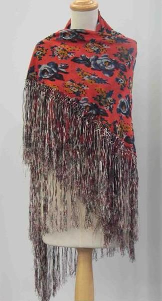 Appraisal: Fringed shawl in floral printed silk crepe circa Provenance Peter