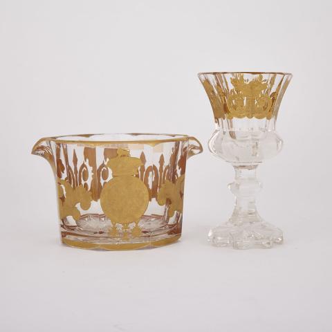 Appraisal: Continental Gilt Armorial Cut Glass Wine Rinser and Goblet c