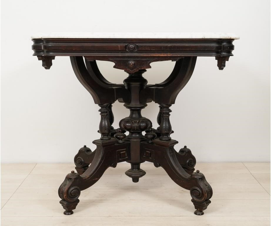 Appraisal: Victorian walnut parlor table with white marble top signed Schroeder