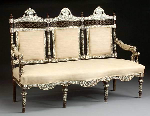 Appraisal: A Levantine shell and bone inlaid hardwood settee late th