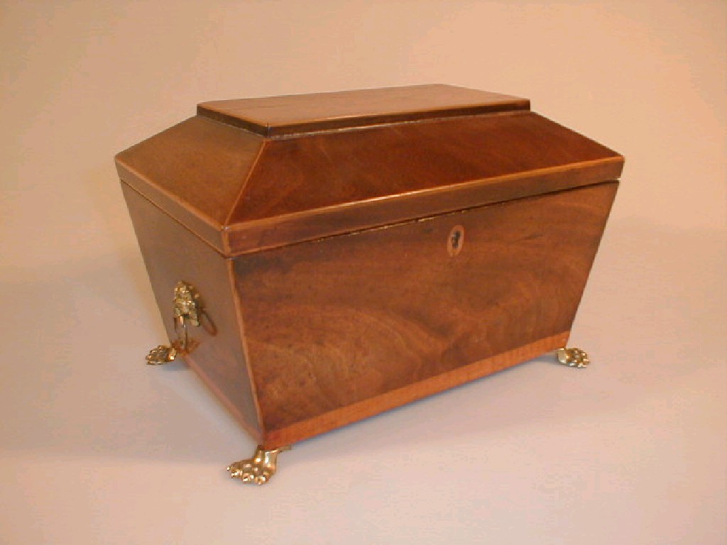 Appraisal: A Regency figured Mahogany sarcophagus tea caddy with gilt metal