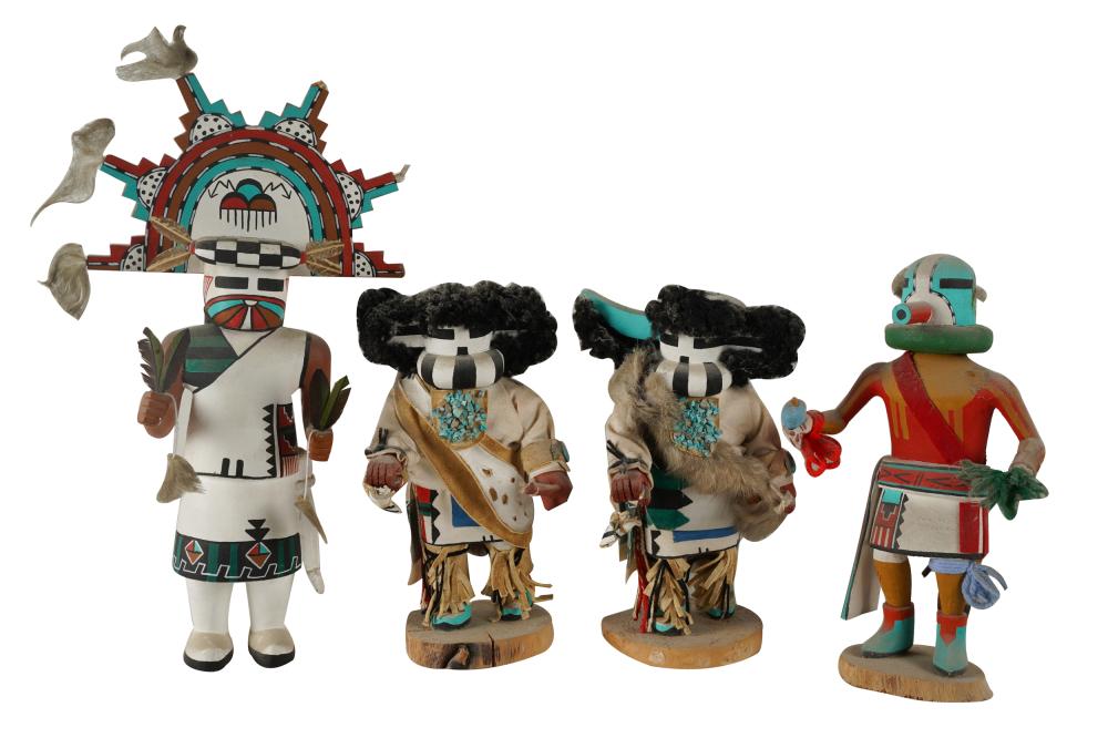 Appraisal: FOUR KACHINA DOLLSone signed and inscribed E Talahytewa -Hopi- Wood