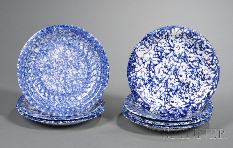 Appraisal: Seven Blue Spongeware Pottery Plates America late th century dia