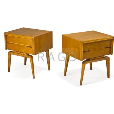 Appraisal: EDMUND SPENCE Pair of nightstands Sweden s Quilted maple Stenciled