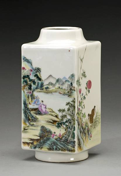 Appraisal: A famille rose enameled porcelain square vase Republic Period Le