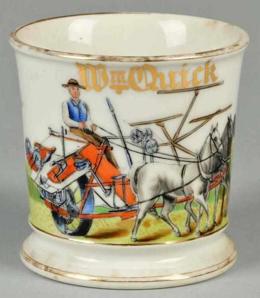 Appraisal: Triple Horse-Drawn Farm Machine Shaving Mug Description Gilt name Wm