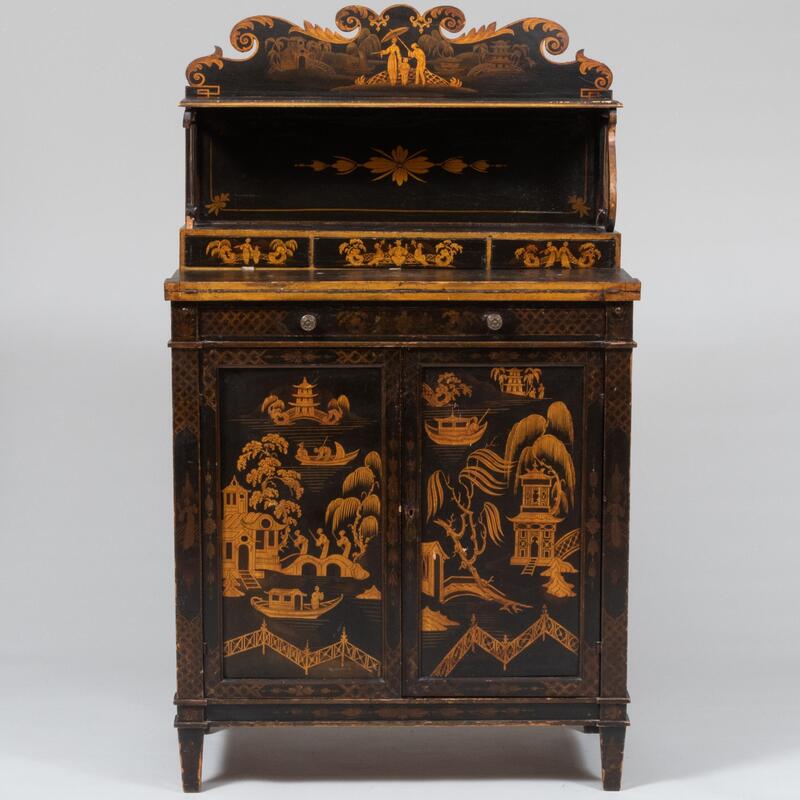 Appraisal: Regency Black Painted and Parcel-Gilt Chinoiserie Decorated Side Cabinet Supplied