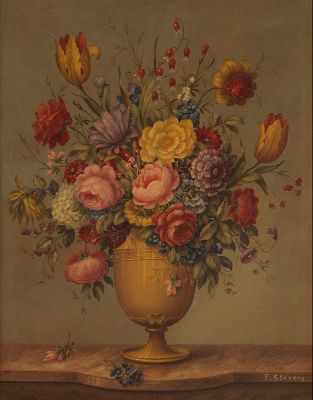 Appraisal: F Stevens American th Century Floral still life Oil on