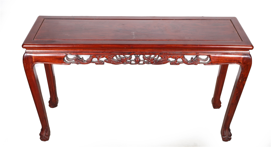 Appraisal: Chinese carved console table in mahogany finish with openwork detail