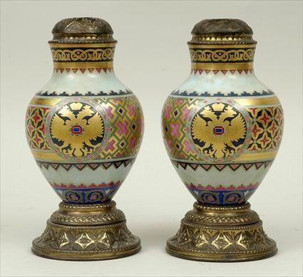 Appraisal: Pair of Russian-Style Gilt and Polychrome Decorated Porcelain Vases Mounted