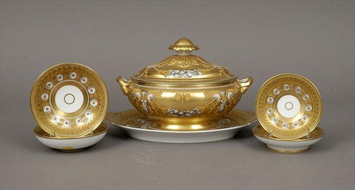 Appraisal: Paris Porcelain-Style Gilt and Grisaille Decorated Covered Tureen and Stand