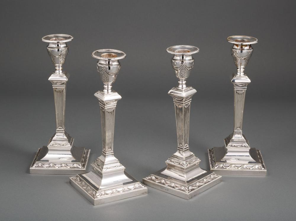 Appraisal: Set of Four Neoclassical-Style Silverplate Candlesticks urn-form candlecups with bowknot