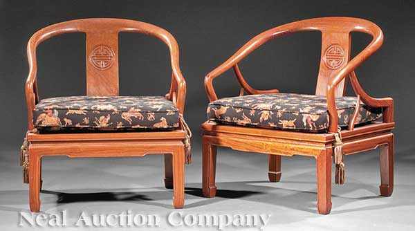 Appraisal: A Pair of Chinese Carved Hardwood Chairs horseshoeback square seat