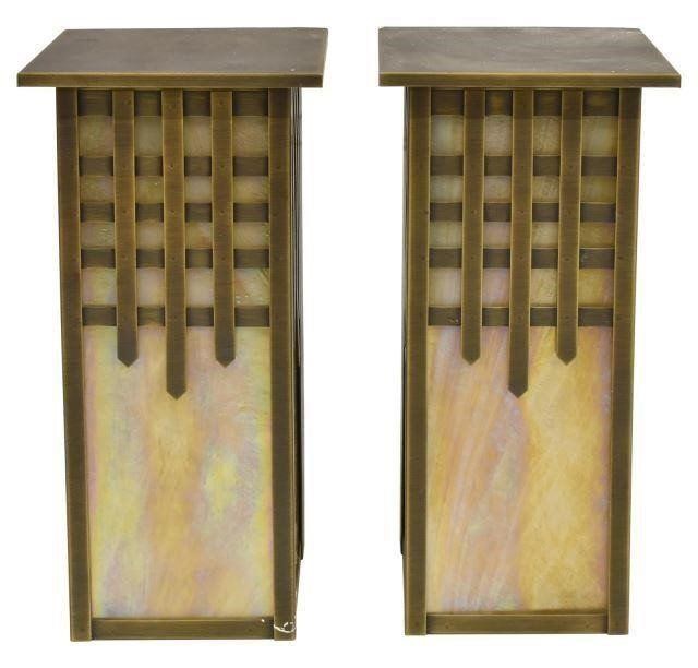 Appraisal: pair Arts and Crafts style hanging lantern sconces Brass Light