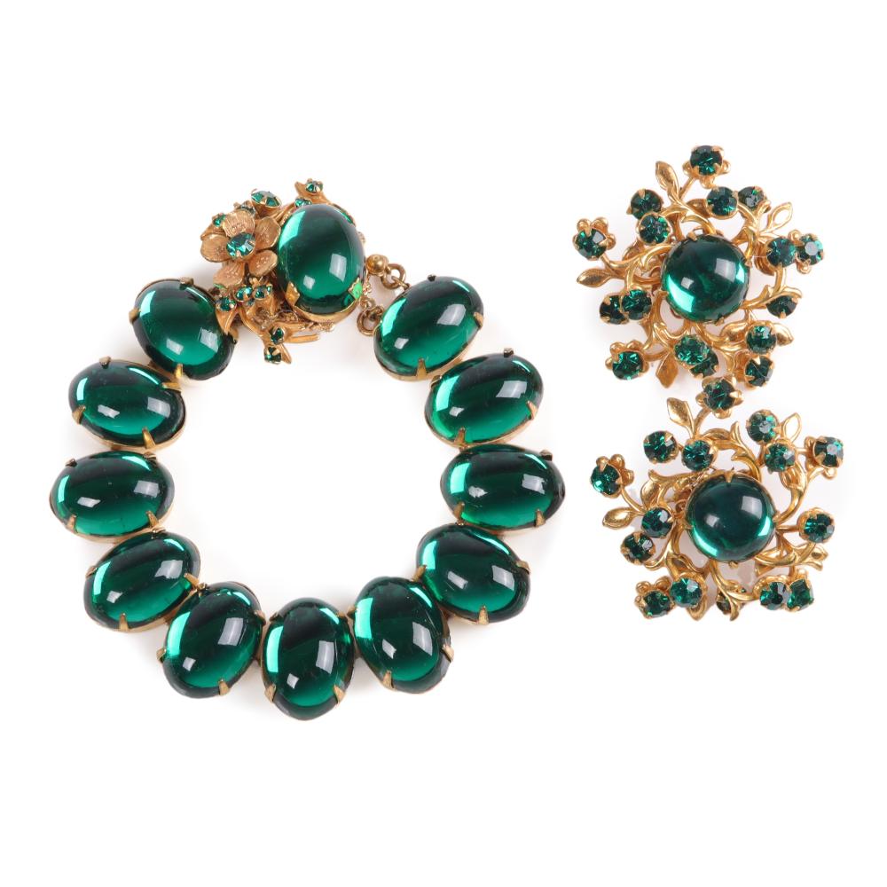 Appraisal: MIRIAM HASKELL GREEN GLASS CABOCHON BRACELET AND EARRING SET STUDDED