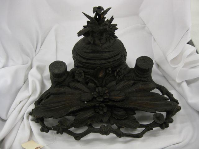 Appraisal: Black Forest Carved Wooden Inkstand double well with covered box