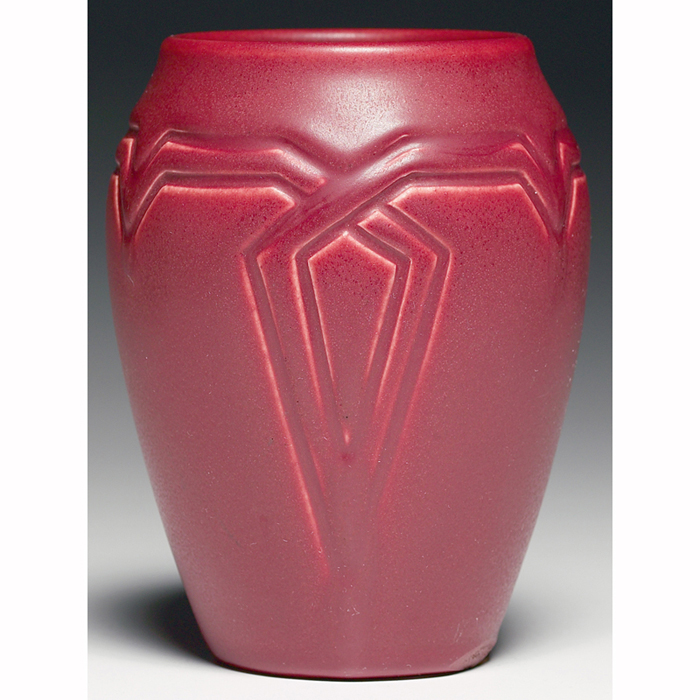 Appraisal: Rookwood vase tapered shape geometric design covered in a red