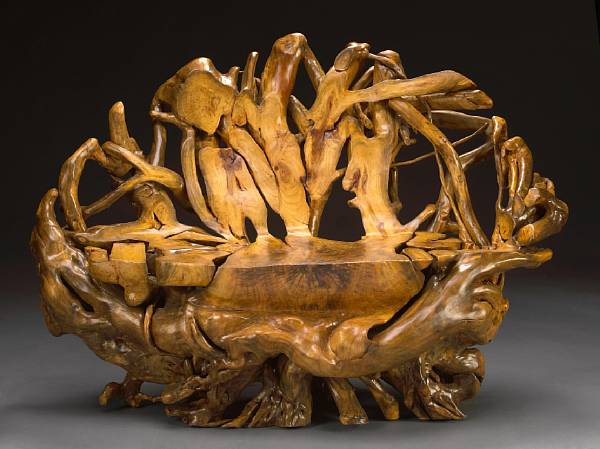 Appraisal: Tree Root Bench China A polished bench has been artfully