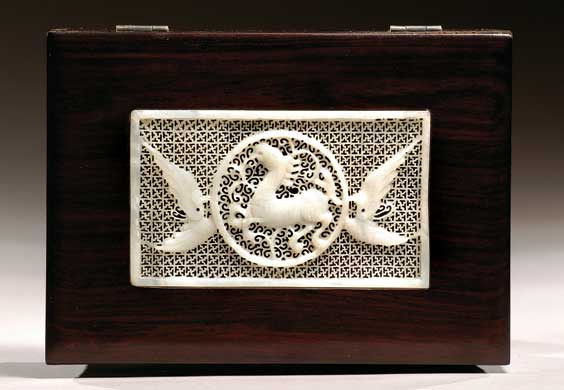 Appraisal: JEWELRY BOX WITH JADE Chinese carved rosewood jewelry box the