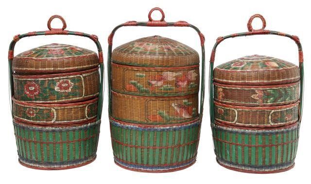 Appraisal: lot of Large Chinese wedding baskets stackable with polychrome painted