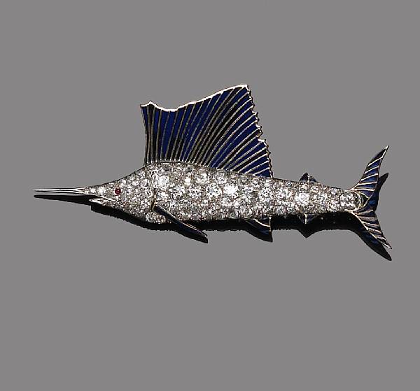 Appraisal: A diamond and plique- -jour enamel marlin brooch estimated total