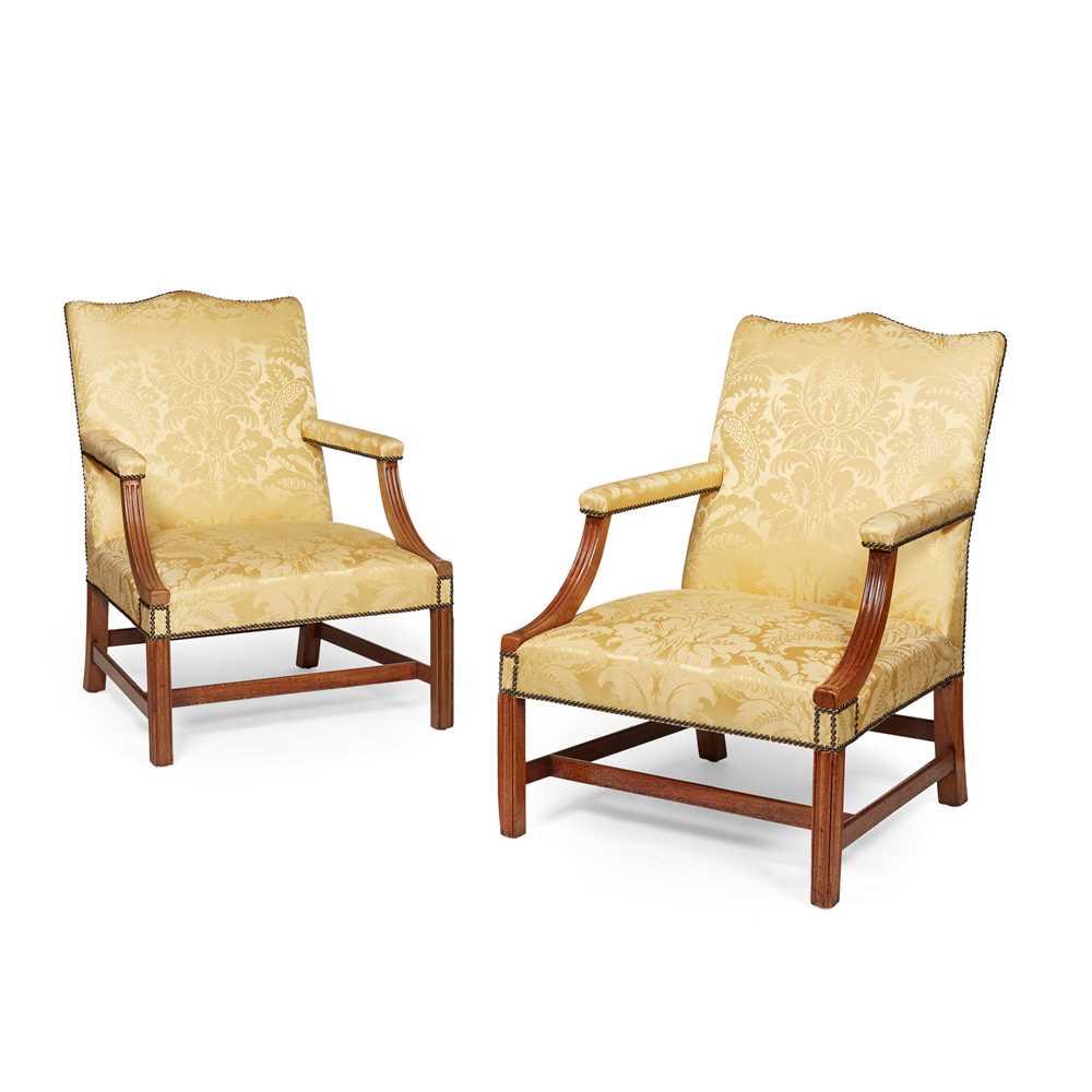 Appraisal: PAIR OF GEORGIAN STYLE MAHOGANY LIBRARY OPEN ARMCHAIRS TH CENTURY