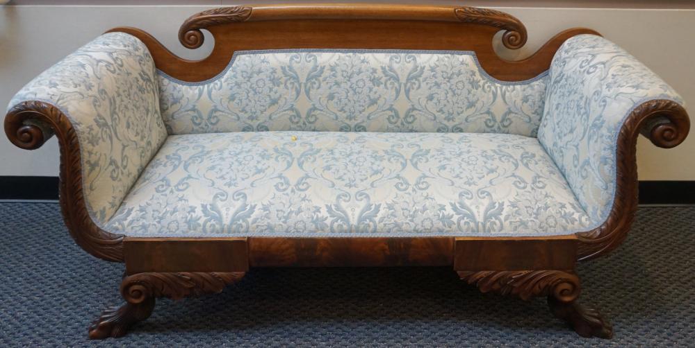 Appraisal: CLASSICAL STYLE CARVED MAHOGANY AND UPHOLSTERED SOFA L INClassical Style