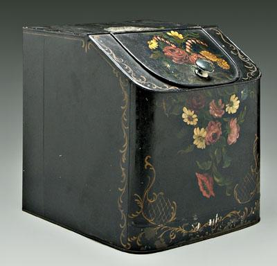 Appraisal: Painted tole tea canister slant top with hinged lid hand