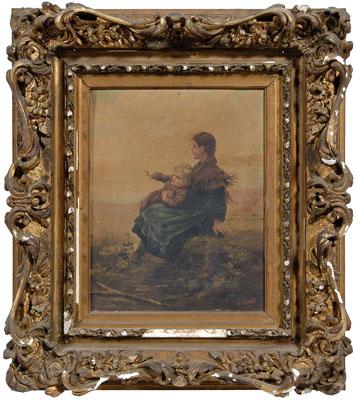 Appraisal: Genre painting signed E Hart girl and child looking out