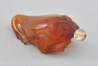 Appraisal: A Carved Amber Agate Three Toed Frog Snuff Bottle With