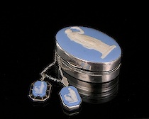 Appraisal: Two Wedgwood Light Blue Jasper Pendants Wedgwood Silver Snuff Box