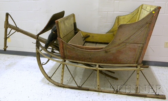 Appraisal: th Century Polychrome Painted Iron-mounted Wooden Horse-Drawn Sleigh ht lg