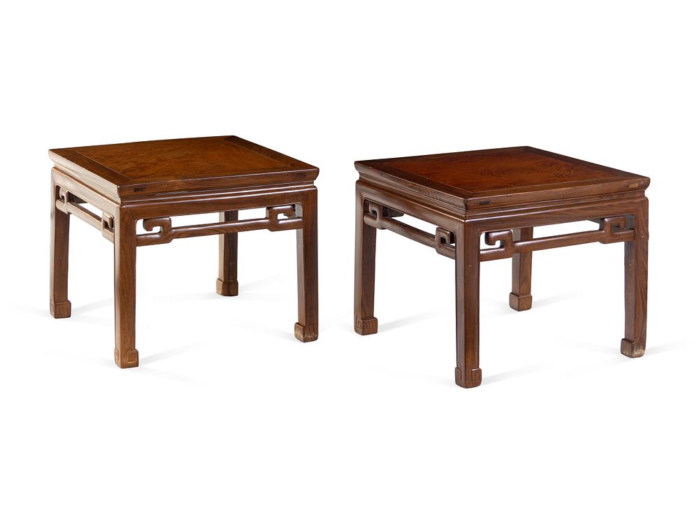 Appraisal: A Pair of Hardwood Square Waisted Corner-Leg Stools Fangdeng Height